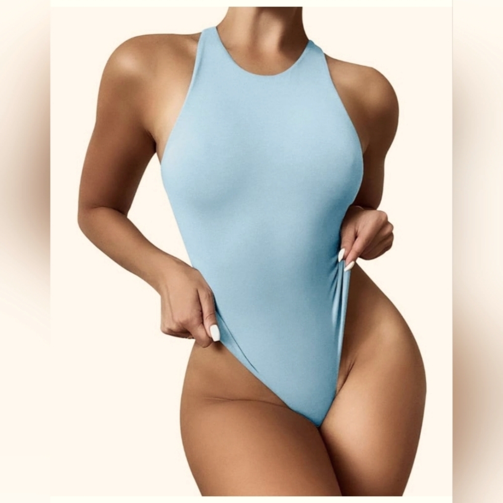 Soft blue thong bodysuit